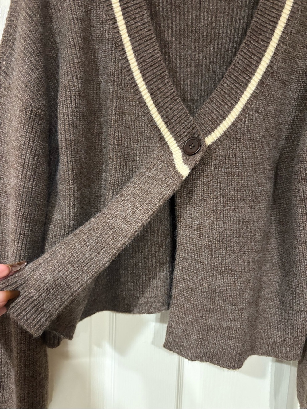 NWOT- New In- Chocolate Brown V-Neck Sweater with Cream Trim - Picture 2 of 4